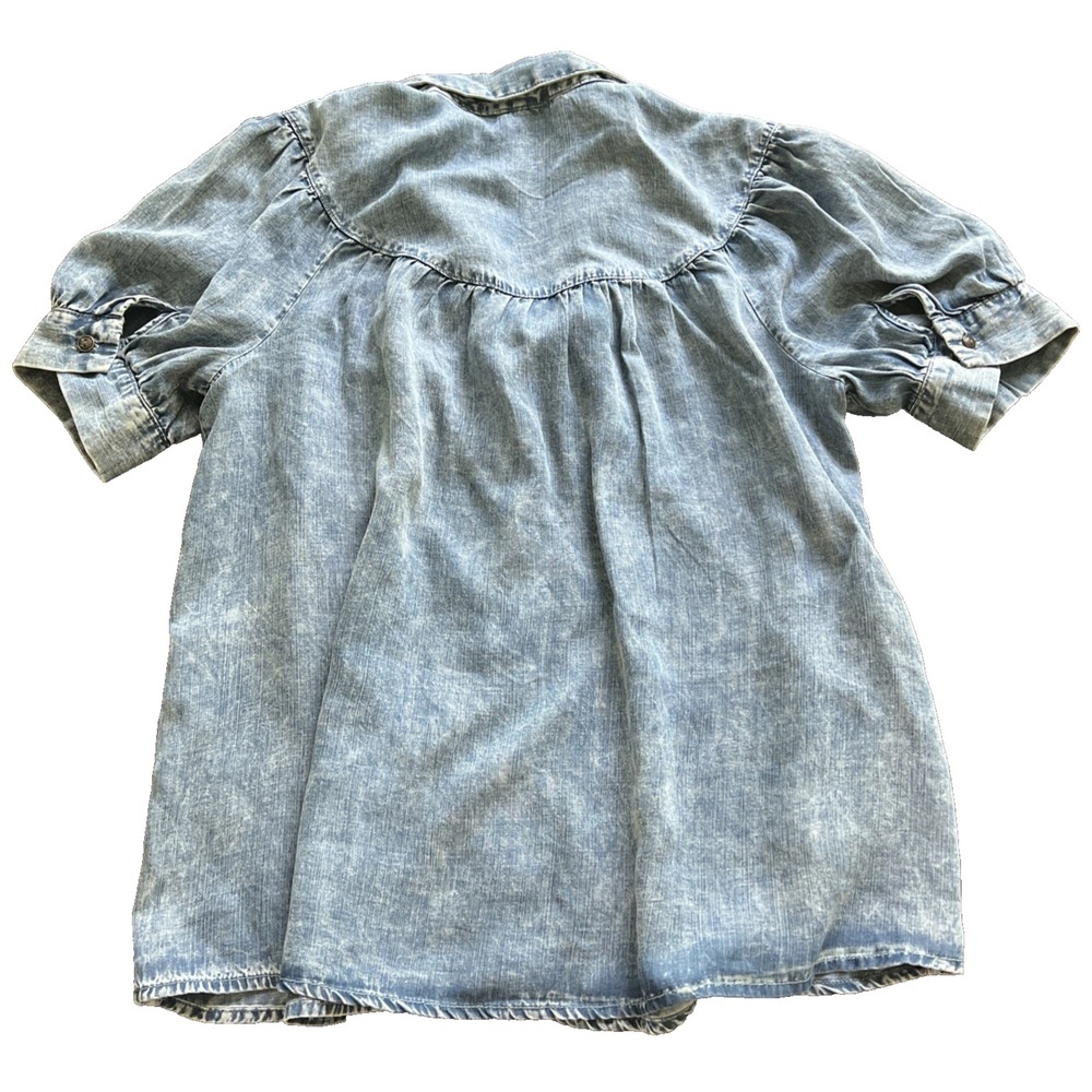 Women's Chambray Blouse XS Short Sleeve Denim Blue Puff Sleeve Bohemian Prairie - Picture 2 of 10